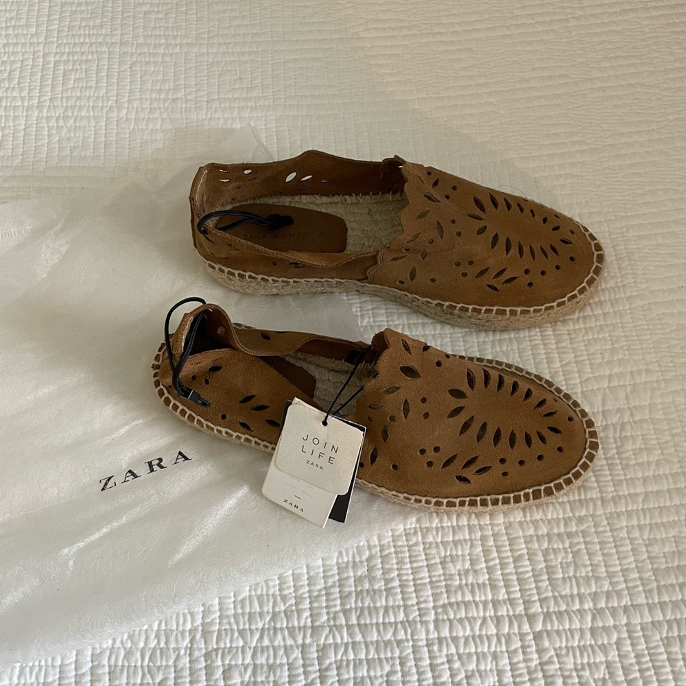 New! Zara Brown Openwork Leather Espadrilles